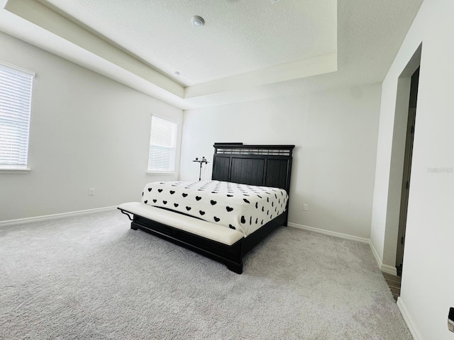 carpeted bedroom with a raised ceiling and a textured ceiling