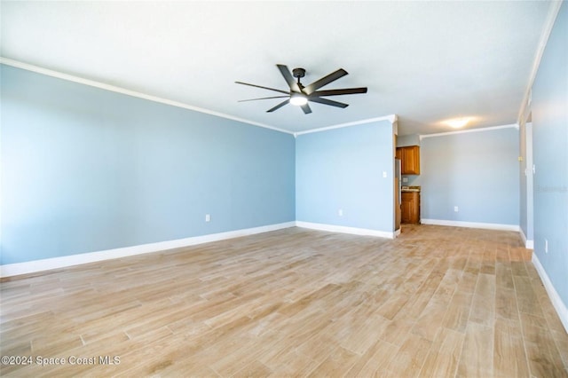 unfurnished living room featuring crown molding, light hardwood / wood-style flooring, and ceiling fan