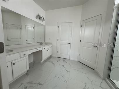 bathroom featuring vanity and a shower with door