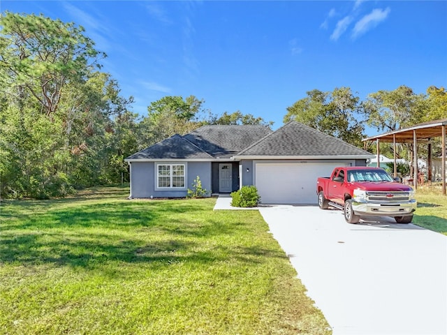 ranch-style house featuring a garage and a front lawn