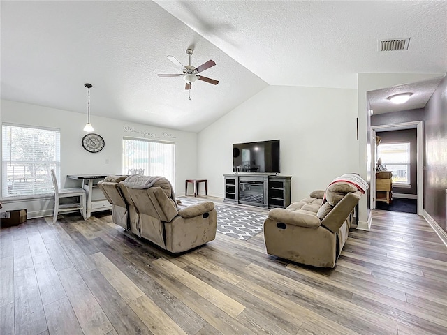 living room with a textured ceiling, hardwood / wood-style flooring, vaulted ceiling, and a wealth of natural light