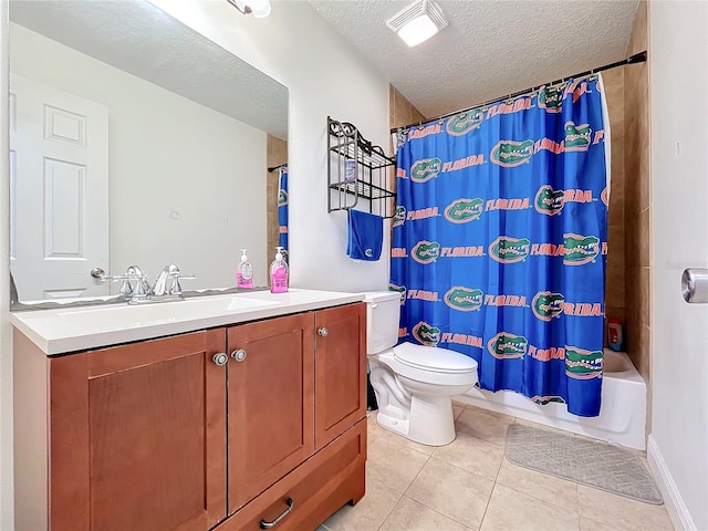 full bathroom with vanity, tile patterned floors, toilet, a textured ceiling, and shower / tub combo with curtain