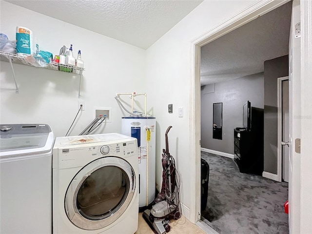 laundry area with electric water heater, light carpet, a textured ceiling, and independent washer and dryer