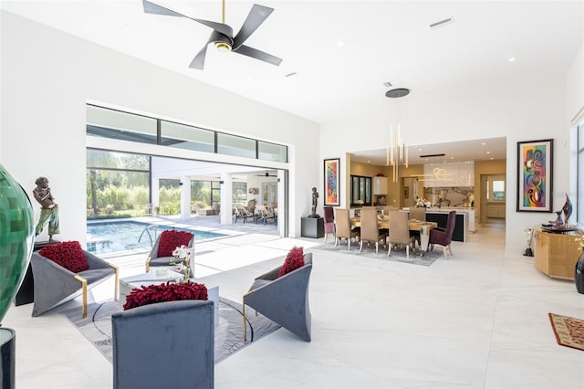 interior space featuring ceiling fan