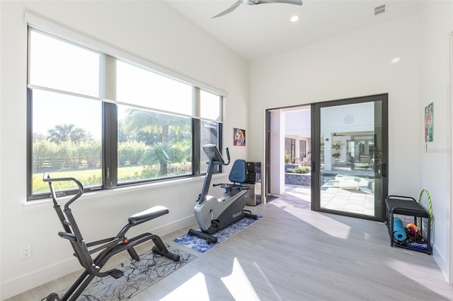 exercise room with ceiling fan and light hardwood / wood-style flooring