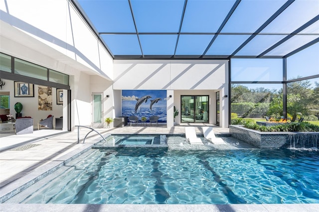 view of swimming pool featuring pool water feature, glass enclosure, an in ground hot tub, and a patio