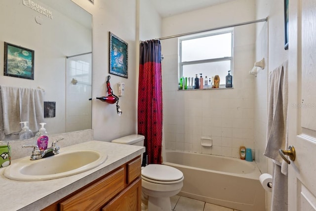 full bathroom featuring tile patterned flooring, vanity, toilet, and shower / tub combo with curtain