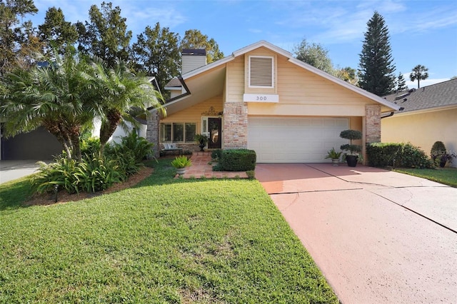 300 Spring Run Cir, Longwood, FL 32779 - mid-century home with a chimney, a front yard, concrete driveway, and an attached garage