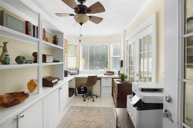 300 Spring Run Cir, Longwood, FL 32779 - office area featuring built in study area, ornamental molding, light tile patterned flooring, a textured ceiling, and ceiling fan