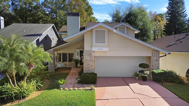 300 Spring Run Cir, Longwood, FL 32779 - mid-century modern home with a chimney, stone siding, driveway, and a garage