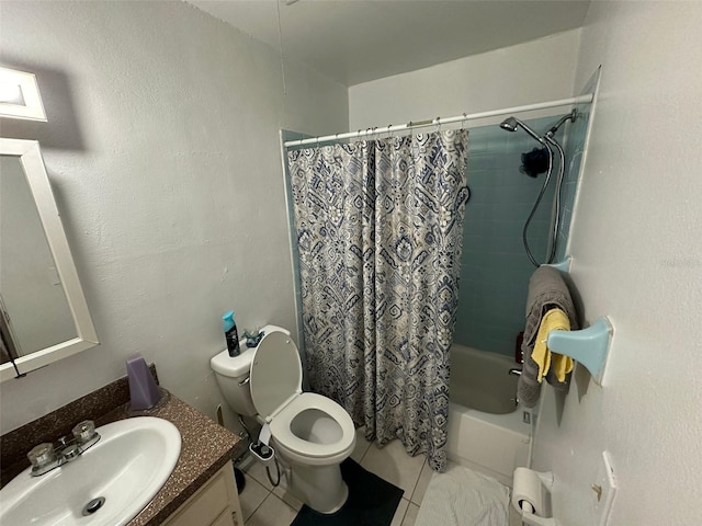 full bathroom featuring tile patterned flooring, vanity, shower / bath combination with curtain, and toilet