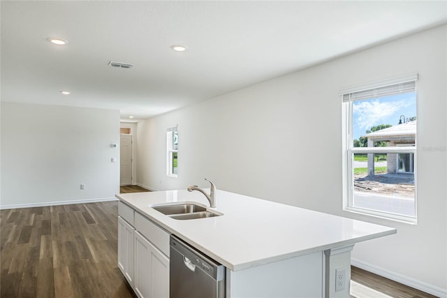 kitchen featuring stainless steel dishwasher, plenty of natural light, sink, and an island with sink