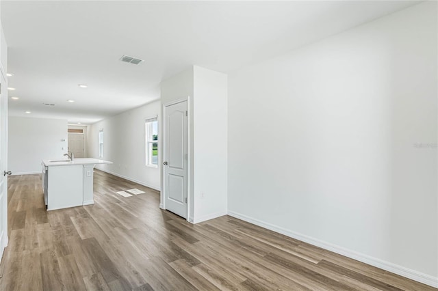 unfurnished room featuring light hardwood / wood-style flooring and sink