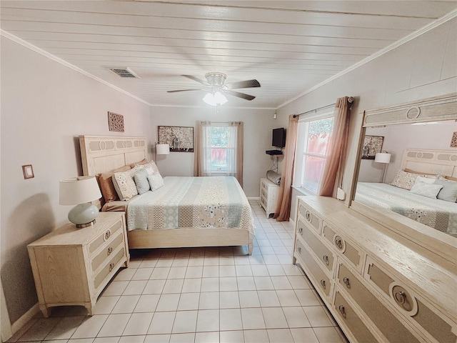 tiled bedroom with wooden ceiling, multiple windows, ornamental molding, and ceiling fan