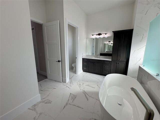 bathroom with vanity, toilet, and a bath