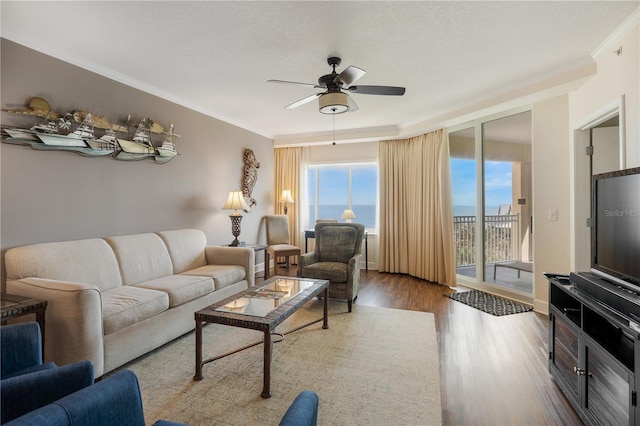 living room with hardwood / wood-style flooring, ceiling fan, ornamental molding, and a textured ceiling