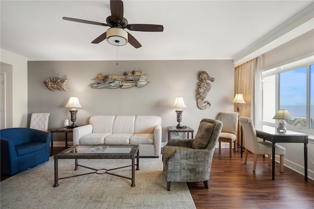 living room featuring ceiling fan, dark hardwood / wood-style floors, and ornamental molding