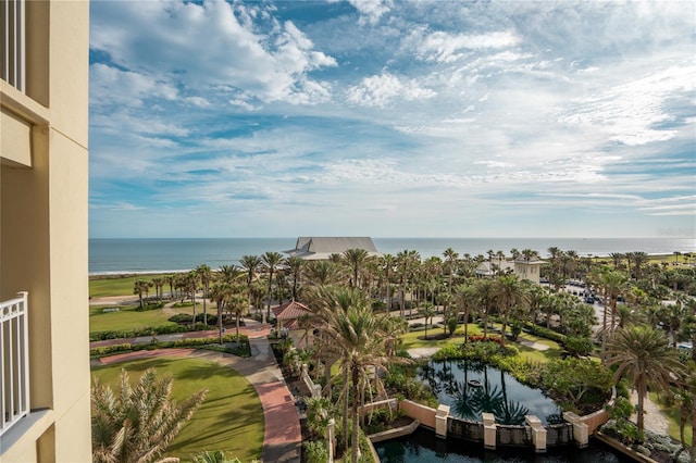 bird's eye view with a water view