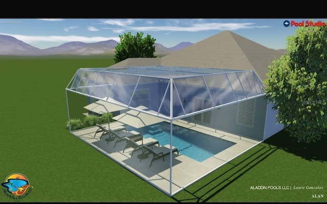 outdoor pool with a patio area, a lanai, and a mountain view