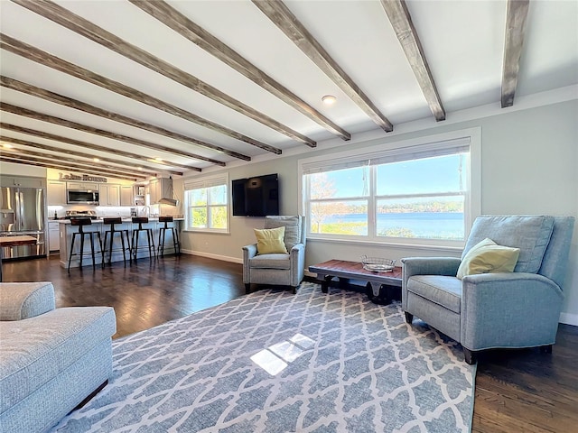 living room featuring beamed ceiling and dark hardwood / wood-style flooring