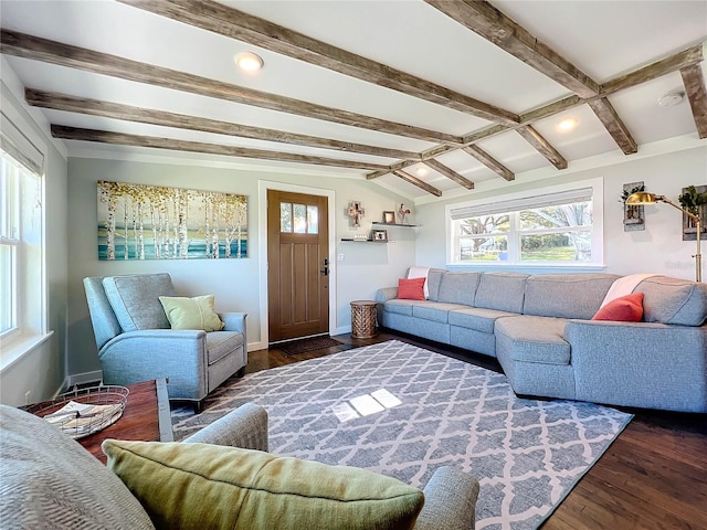 living room featuring vaulted ceiling with beams and dark hardwood / wood-style flooring