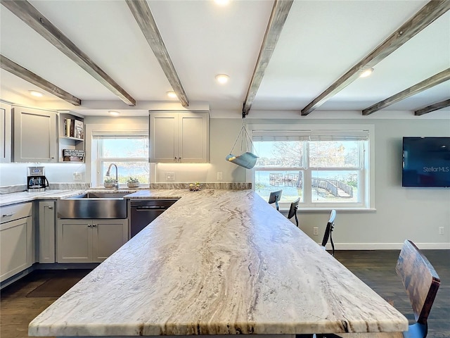 kitchen featuring light stone counters, stainless steel dishwasher, a healthy amount of sunlight, and sink