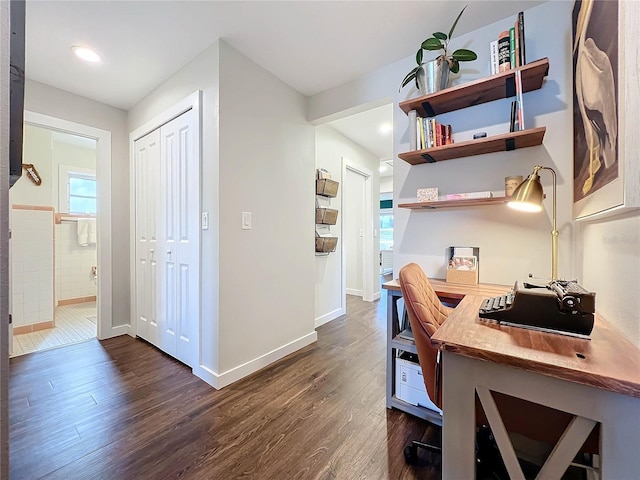 office space featuring dark wood-type flooring