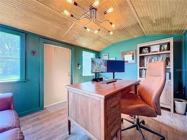 office area featuring plenty of natural light, wood ceiling, lofted ceiling, and light wood-type flooring