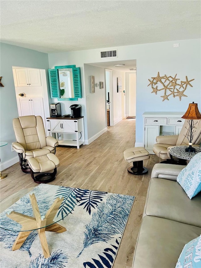 living room with a textured ceiling and light hardwood / wood-style flooring