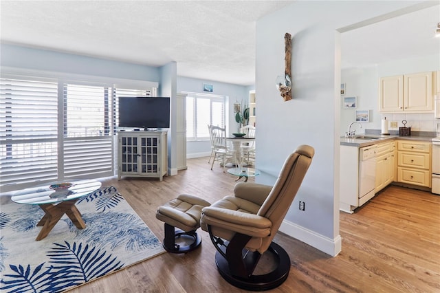 living room with a textured ceiling, light hardwood / wood-style floors, and sink