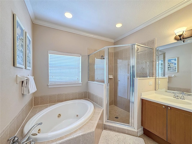 bathroom with tile patterned flooring, vanity, separate shower and tub, and ornamental molding