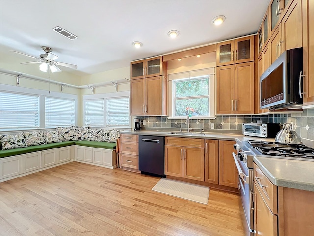 kitchen with tasteful backsplash, sink, stainless steel appliances, and light hardwood / wood-style floors