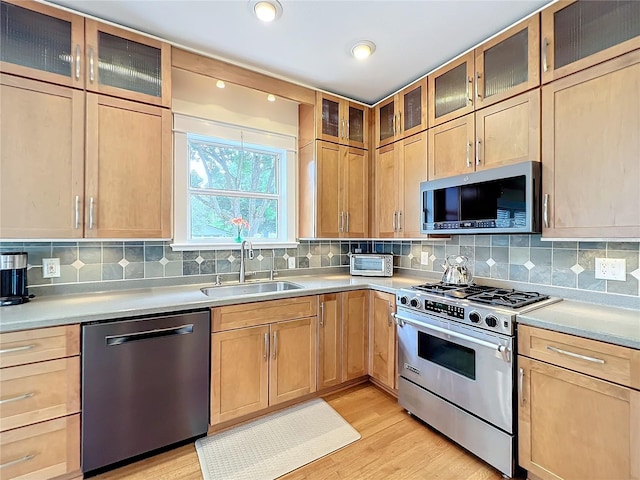 kitchen featuring decorative backsplash, light hardwood / wood-style floors, sink, and stainless steel appliances