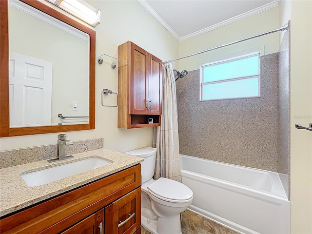 full bathroom with crown molding, vanity, shower / tub combo, and toilet