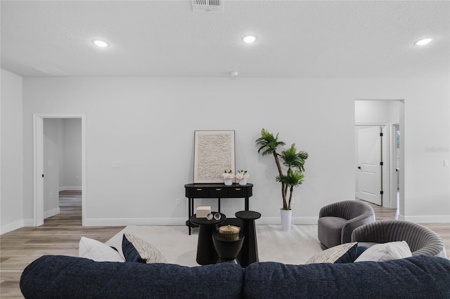 living room with light hardwood / wood-style floors and a textured ceiling