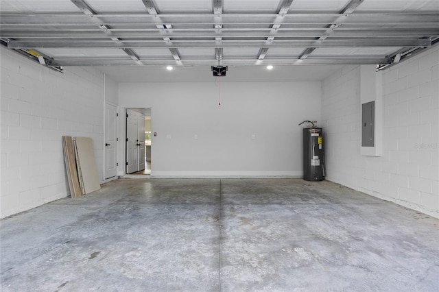 garage with electric panel, water heater, and a garage door opener