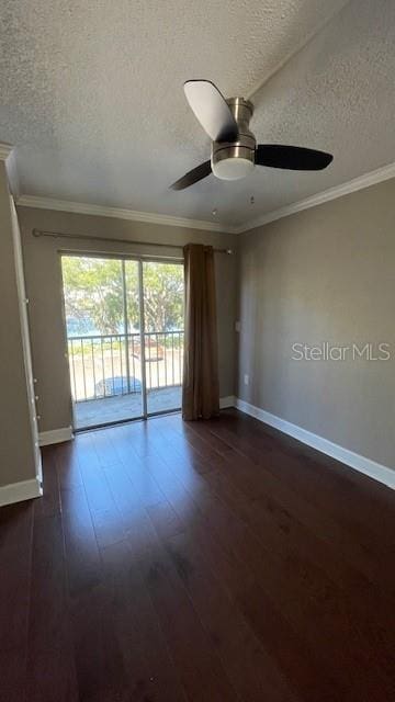 unfurnished room featuring dark hardwood / wood-style floors, ceiling fan, crown molding, and a textured ceiling