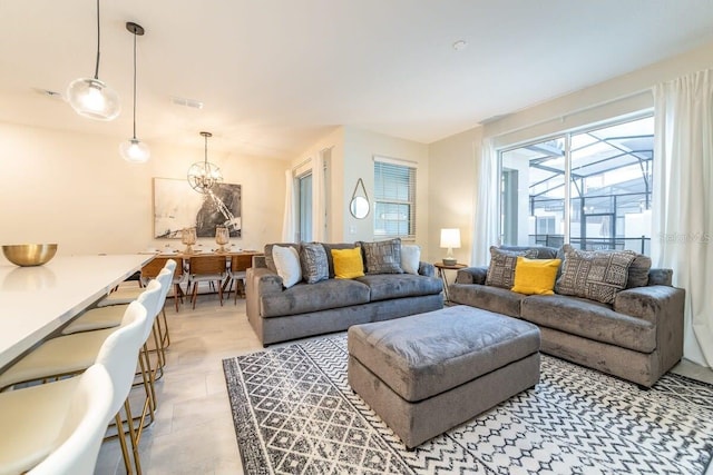 living room featuring light tile patterned floors