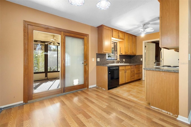 kitchen featuring plenty of natural light, light wood-type flooring, and black dishwasher