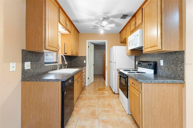 kitchen featuring white appliances, sink, ceiling fan, tasteful backsplash, and light tile patterned flooring