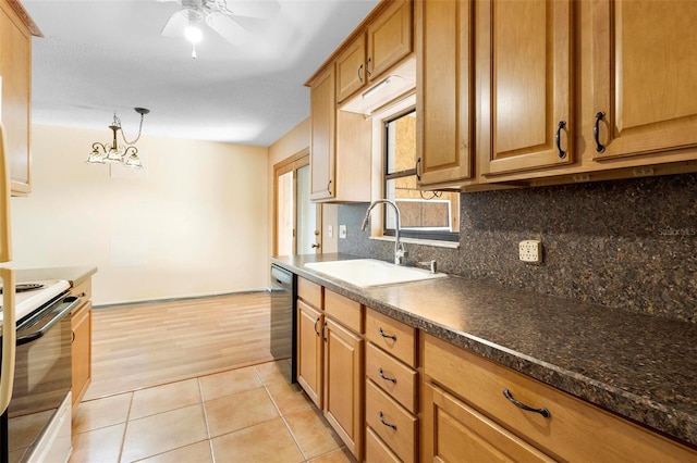 kitchen featuring ceiling fan with notable chandelier, sink, electric stove, dishwasher, and light hardwood / wood-style floors