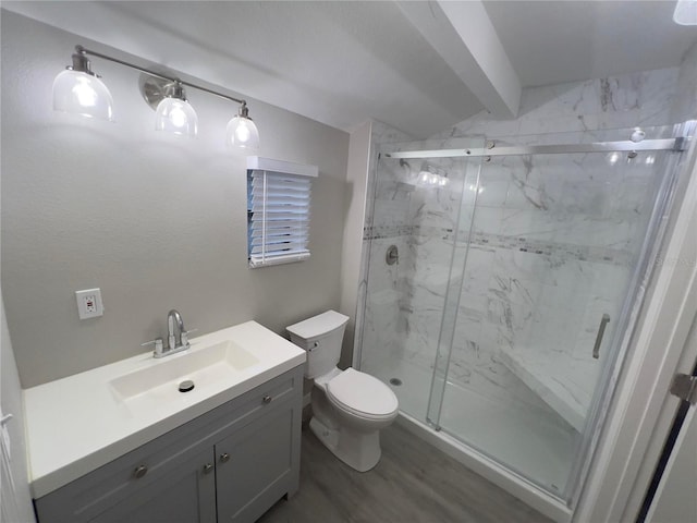 bathroom with hardwood / wood-style floors, vanity, toilet, and an enclosed shower