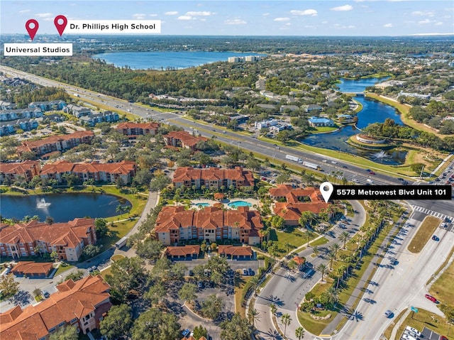 aerial view with a water view