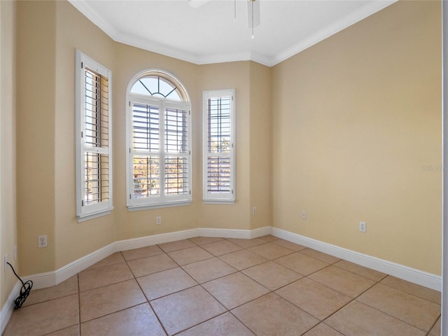 unfurnished room with light tile patterned floors, ceiling fan, and crown molding