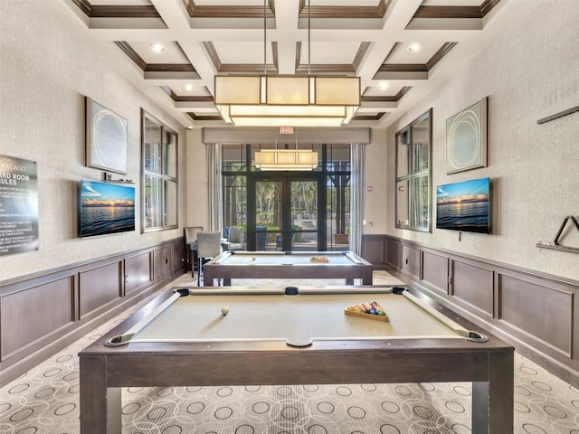 playroom with beamed ceiling, crown molding, pool table, and coffered ceiling