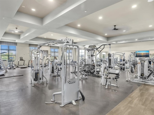 workout area with ceiling fan