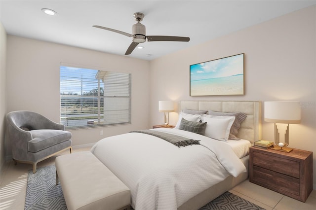 bedroom with light tile patterned floors and ceiling fan