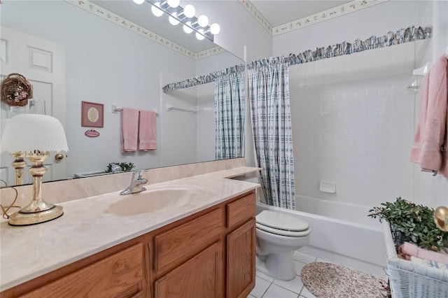 full bathroom with tile patterned flooring, vanity, toilet, and shower / bathtub combination with curtain