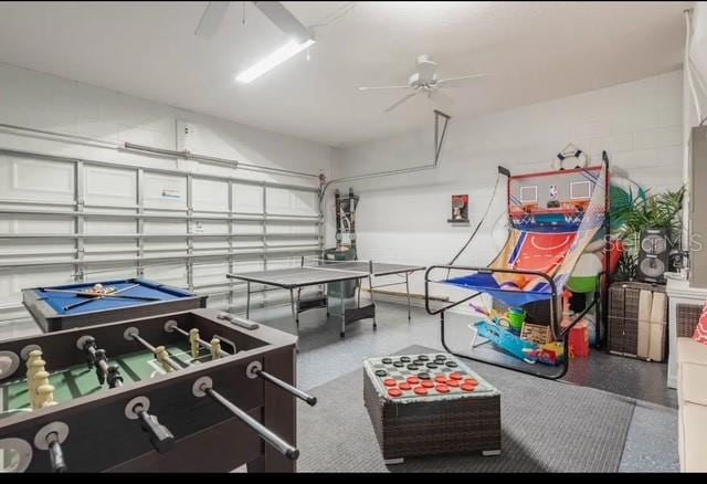 playroom with ceiling fan and pool table