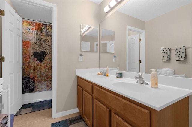 bathroom with tile patterned floors, vanity, and shower / bath combo